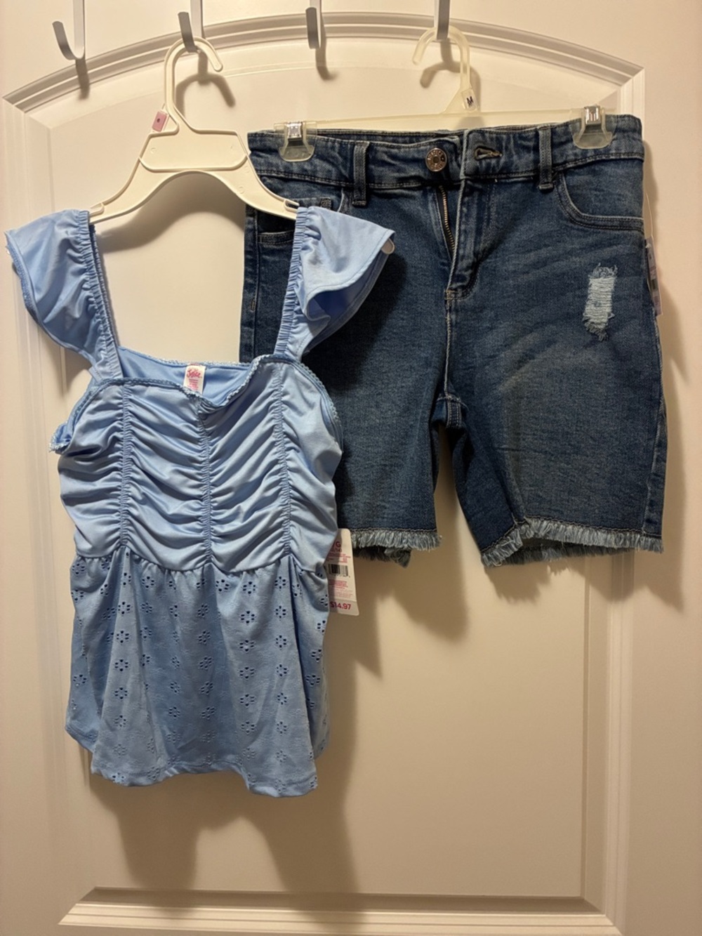 Justice Light Blue Eyelet Ruched Tank with Denim Frayed Shorts NEW